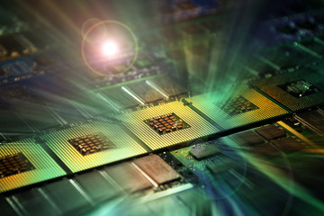 computer processors aligned with lighting effects postproduction, background.