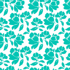 Seamless ornamental pattern with floral elements in a turquoise color.