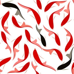 Seamless pattern with fish, red with black carp on a white background.