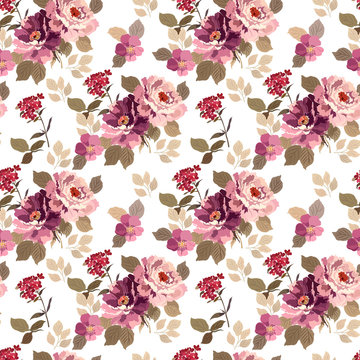 Seamless pattern with flowers roses, flowering twig, leaves, bouquet of roses, blooming branch, luxury bohemian pattern. © Tetiana