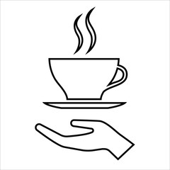 Hand with cup of coffee or tea line icon. Offer of hot beverage. Vector Illustration