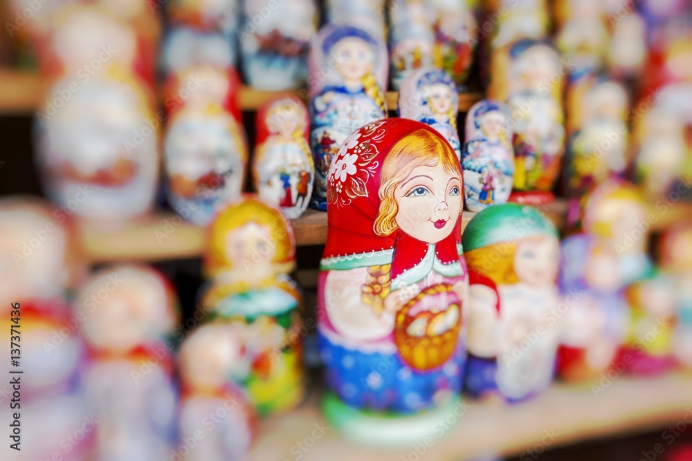 Wall mural Very large selection of matryoshkas Russian souvenirs at the gift shop on June 04, 2014 in Moscow. Nesting dolls are the most popular souvenirs from Russia