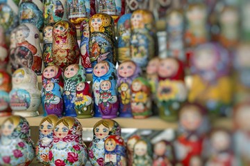 Fototapeta na wymiar Very large selection of matryoshkas Russian souvenirs at the gift shop on June 04, 2014 in Moscow. Nesting dolls are the most popular souvenirs from Russia