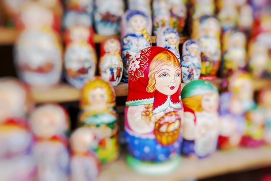 Very large selection of matryoshkas Russian souvenirs at the gift shop on June 04, 2014 in Moscow. Nesting dolls are the most popular souvenirs from Russia