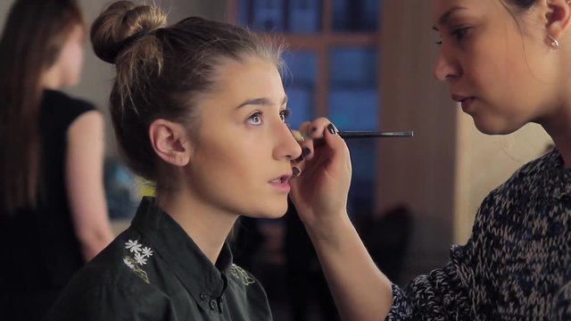 Make-up artist applying brush to model's face