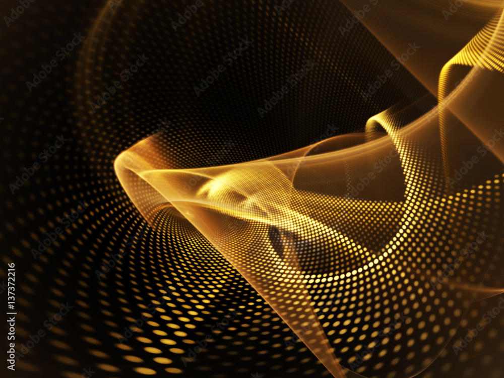 Poster Abstract background element. Fractal graphics series. Three-dimensional composition of glowing lines and mosaic halftone effects. Golden colors.