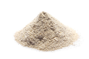 pile whole grain barley flour isolated on white background