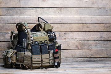 Army bulletproof vest/Military body armor,ammunition and ammo,radio and first aid tourniquet.On...