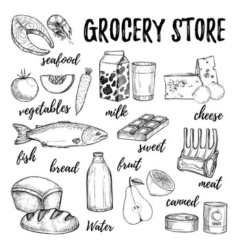 Hand drawn vector illustration - collection of grocery elements. Supermarket and grocery store. Design elements in sketch style. Perfect for brochures, flyers, delivery, poster, advertising