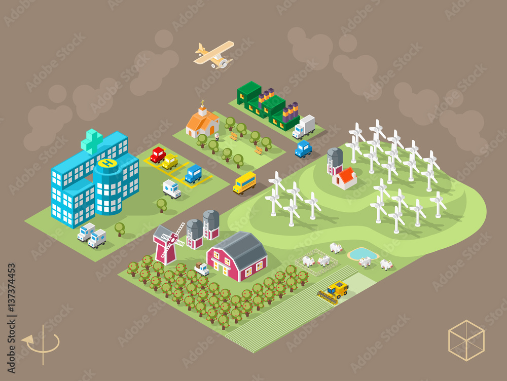 Poster set of isolated isometric minimal city elements . town with shadows on dark background