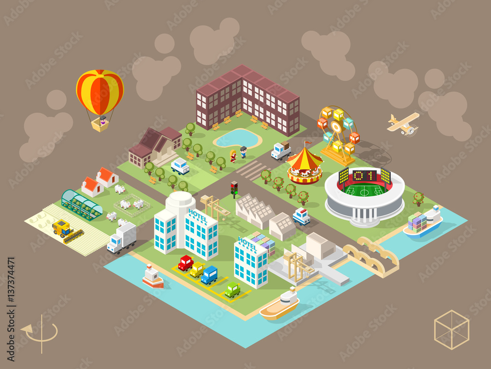 Poster set of isolated isometric minimal city elements . town with shadows on dark background