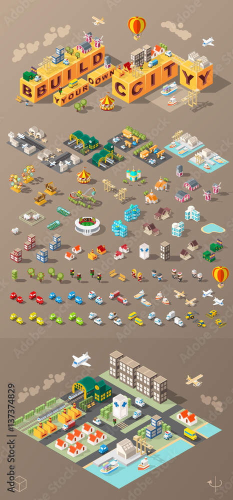 Poster isometric world on dark background . set of isolated minimal city elements