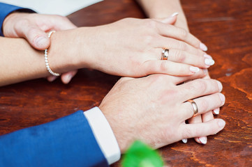 close-up a bride and groom covers of each other's hands with rings
