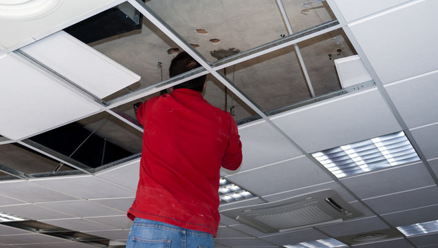 Builder putting or repairing up a suspended ceiling