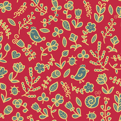 Spring seamless pattern in vector with flower, bird, snail, butterfly, ladybug, leaf, heart. Floral background.