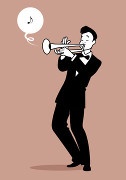 Retro cartoon music. Trumpeter playing a song. Musical note