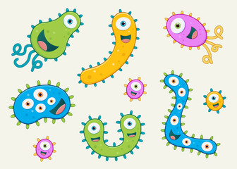 Set of germ vector illustrations - blue, green, pink and yellow
