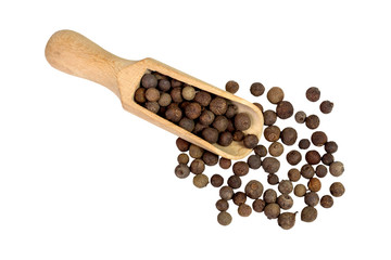 allspice in a small wooden scoops. Black pepper. Spice. isolated on white background.