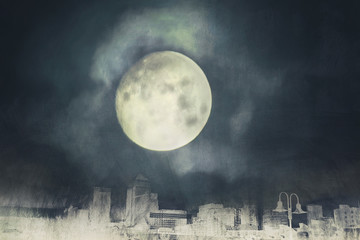 full surreal moon on a city grunge - obrazy, fototapety, plakaty