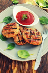 Beef or pork meat barbecue burgers   grilled on bbq fire grill