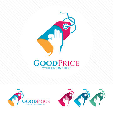 Price tag logo design with thumb up vector . Shopping logo concept for buying or selling at online store.
