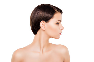 Side view of young pretty brunette with modern short hairstyle