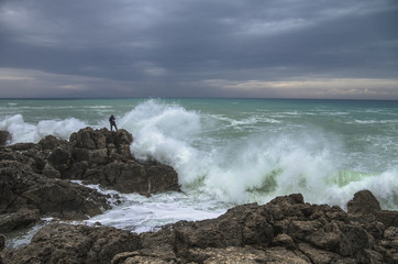 Extreme fishing. Panorama of sea shore. Greece