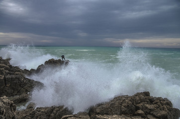 Extreme fishing. Panorama of sea shore. Greece