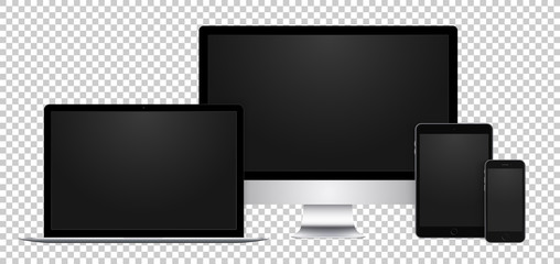 Realistic set of black display, laptop, tablet and phone with empty screen on transparent background.