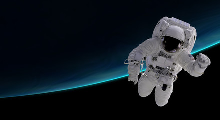 astronaut orbiting the blue planet, 3d illustration - elements of this image furnished by NASA