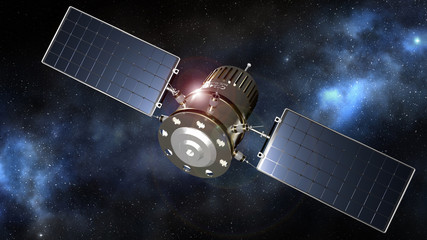 communications satellite in the starry night sky, 3d illustration