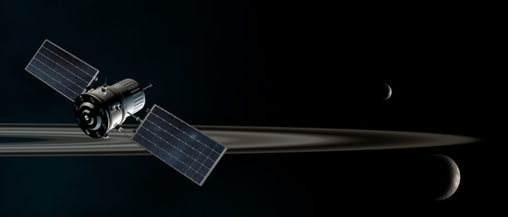 satellite orbiting the saturn rings, 3d illustration