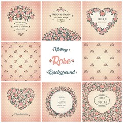 Set of vector vintage cards with cute roses. Floral invitation. Vintage templates for your design. Vector illustration.