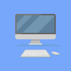 Desktop personal computer with monitor, keyboard and mouse isolated on blue background. Front view. Flat style icon. Vector illustration.