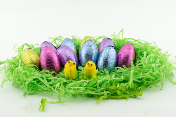 Easter Eggs on green paper with chicken