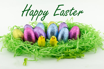 Easter Eggs on green paper with chicken