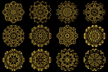 Set gold circular pattern Kaleidoscope. East ornament. Mandala. Good for greeting cards, invitations. Print on fabric and paper.