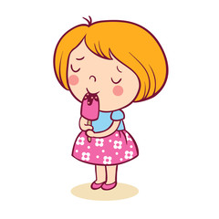 The little girl with pleasure eats ice-cream. Vector illustration of a child on a white background.