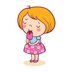 Fototapeta premium The little girl with pleasure eats ice-cream. Vector illustration of a child on a white background.