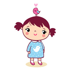 Cute girl with bird. Cute girl with bird on head cartoon illustration.
