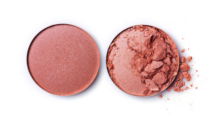 Round beige crashed eyeshadow for makeup as sample of cosmetic product