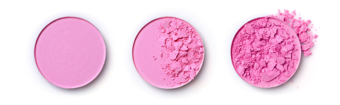Round pink crashed blusher for makeup as sample of cosmetic product