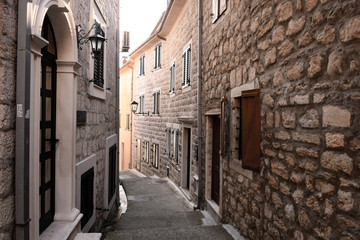 Fototapeta na wymiar Narrow street in old town of Herceg Novi
