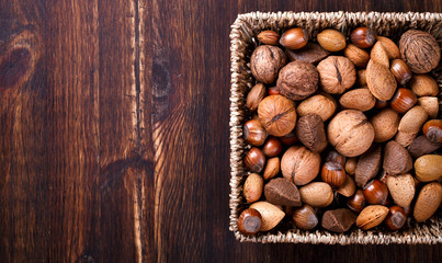 Mixed nuts.Walnuts,Brazil nuts,almonds,hazelnuts.Concept of Healthy Eating.selective focus.