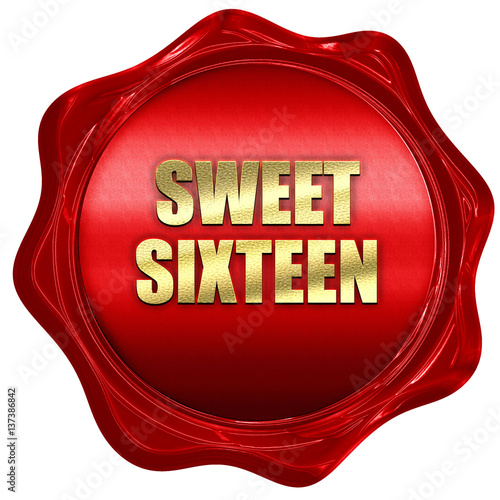 "sweet sixteen, 3D rendering, red wax stamp with text" Stock photo and