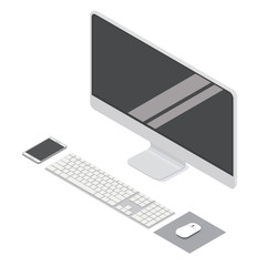 Fototapeta premium Modern flat computer desktop isometric vector illustration for info graphic design. Display / Keyboard / Mouse / Smartphone
