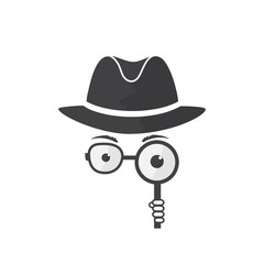 Unknown man in hat, glasses and a magnifying glass in hand. Inspector. Detective icon
