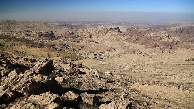 Beautiful view of Wadi Sabra desert in Hashemite Kingdom of Jordan. Amazing scenery of stony desert in Jordan, camera lens with polarisation filter