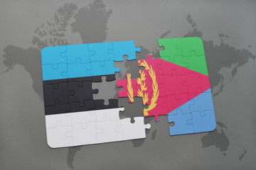puzzle with the national flag of estonia and eritrea on a world map