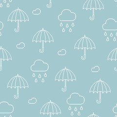 Rain, clouds and umbrellas. Seamless pattern. Blue vector hand drawn doodle cartoon	